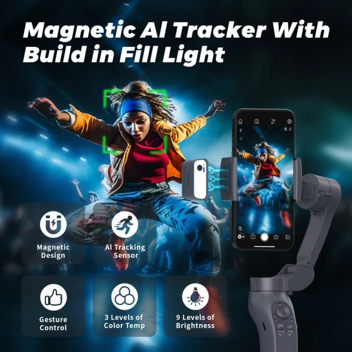 Original 360 Auto Face Tracking Gimbal Stabilizer Portable 3- Foldable Handheld with Roll Brushless Motor LED Light Tripd