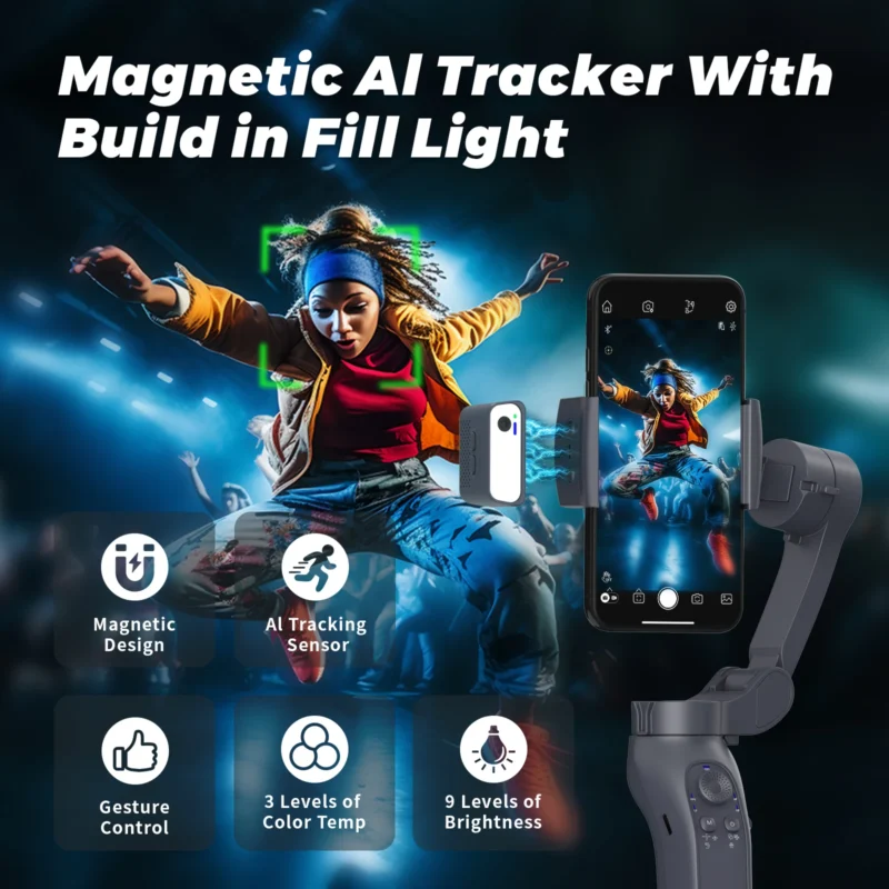 Original 360 Auto Face Tracking Gimbal Stabilizer Portable 3- Foldable Handheld with Roll Brushless Motor LED Light Tripd