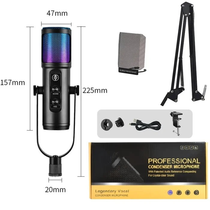USB-C RGB Wired Stream Recording Desktop Studio Podcast Computer Condenser Microphone Kit Complete Recording Studio Equipment - Image 2