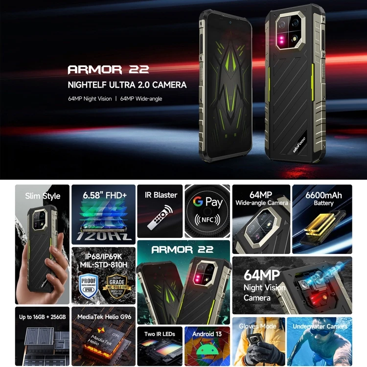 2023 New Ulefone Armor 22 8GB+128GB IP68/IP69K Rugged Phone 6.58 Inch Android 13 4G Ulefone Waterproof Mobile Phone